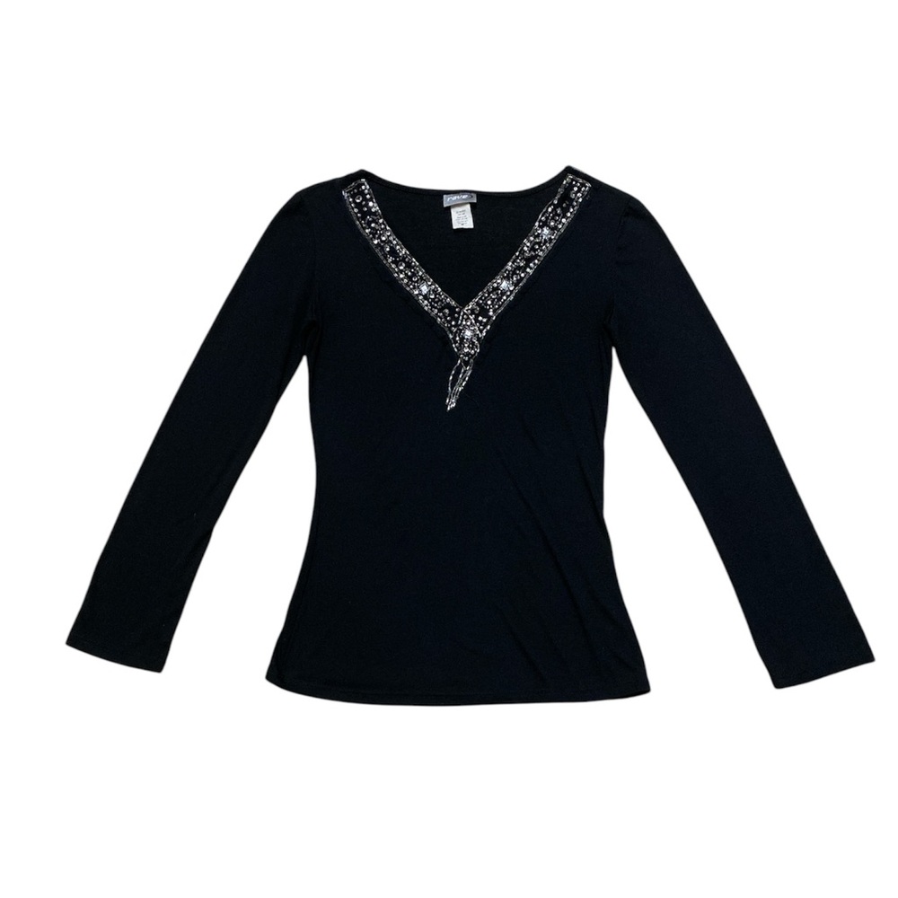 Y2k Rave Long Sleeve Shirt Women’s M Black Beaded Blouse V Neck Layered Top